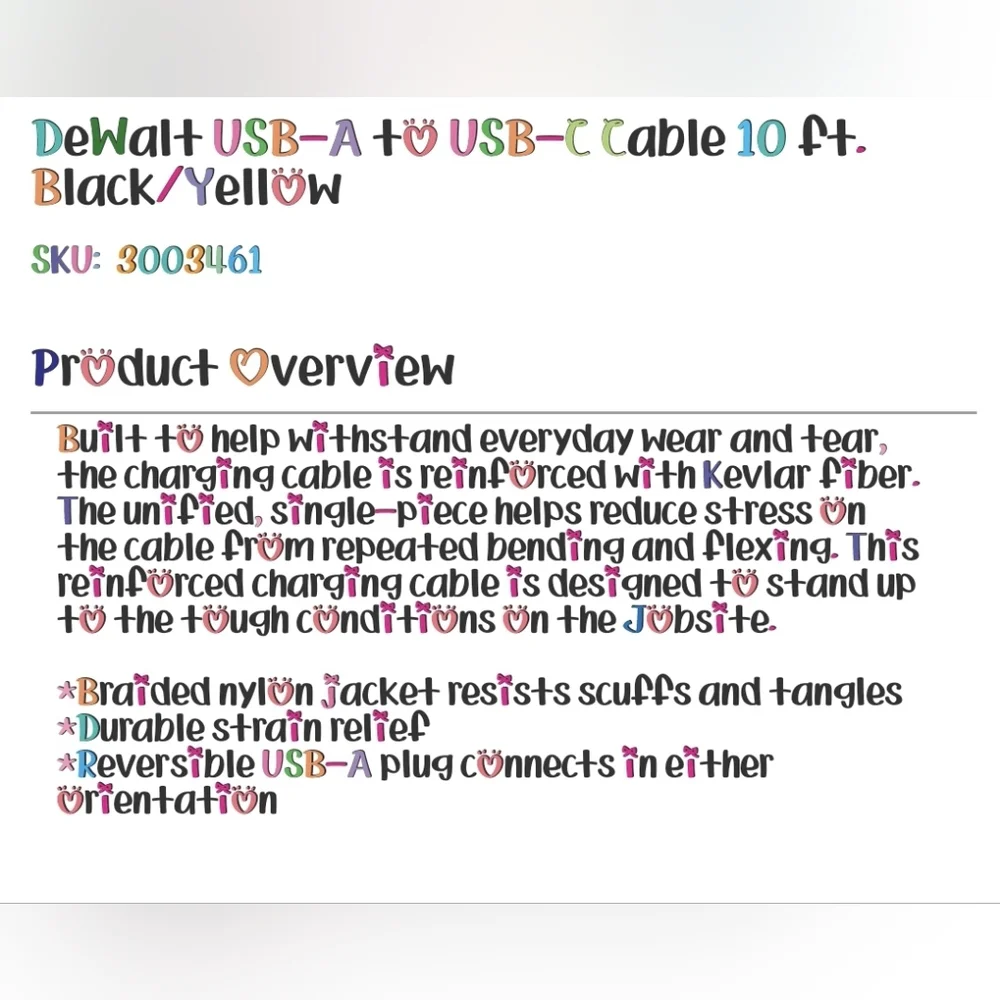 DeWalt Black and Yellow Braided USB Cable 10ft USB C To A